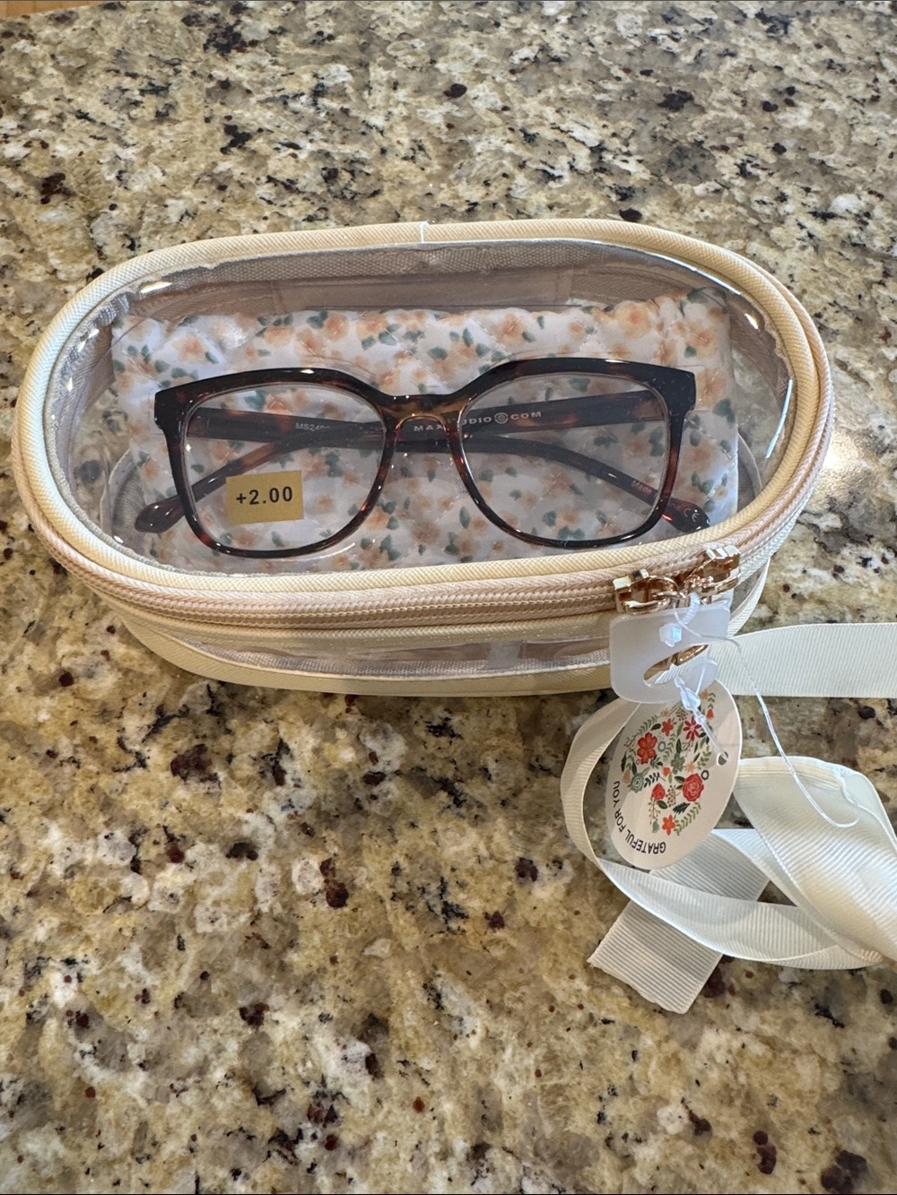 Tortoiseshell Reading Glasses with Beige Floral Case - NWT